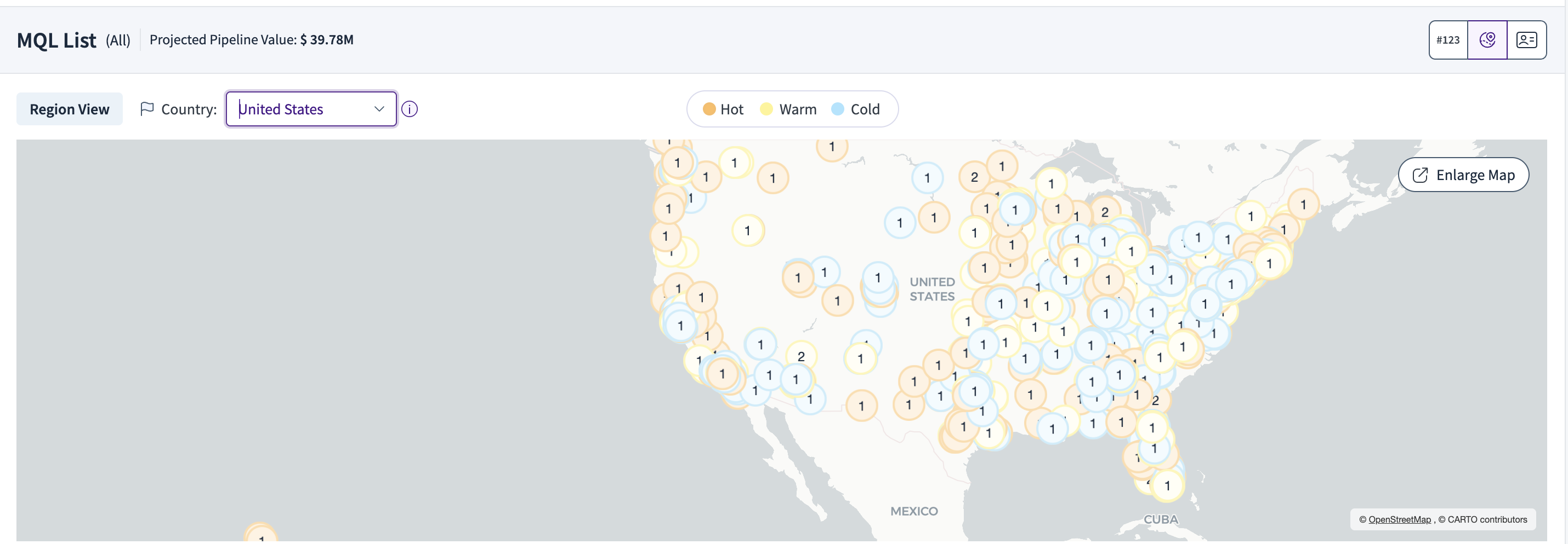 Map displaying MQL list with projected pipeline values across the United States.